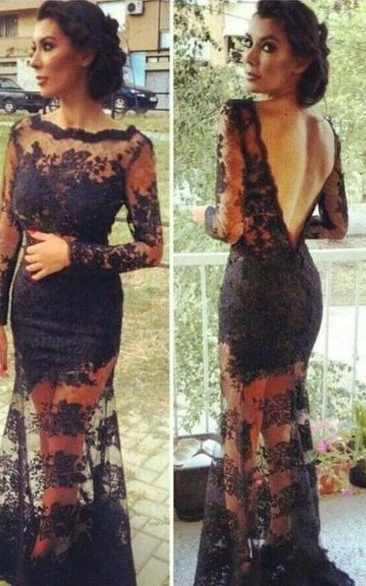 Vestido De Festa Lace Mermaid Prom Dresses Open Back Black Long Sleeves Evening Gowns