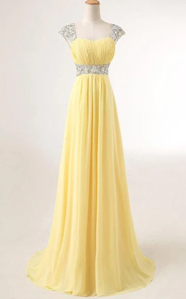 Cap Sleeves A-Line Sweep Train Chiffon Prom Dress