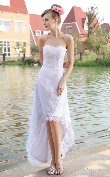 Strapless High-Low Organza Dress With Lace Appliques