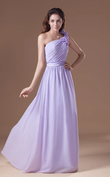 Ruched Floor-Length Chiffon Dress With Floral Strap