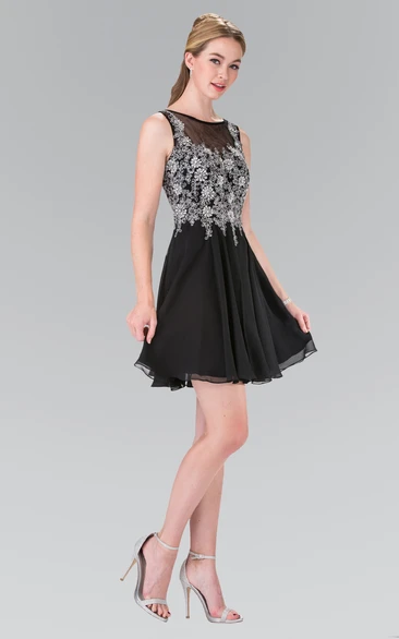 A-Line Short Bateau Sleeveless Chiffon Deep-V Back Dress With Appliques And Pleats