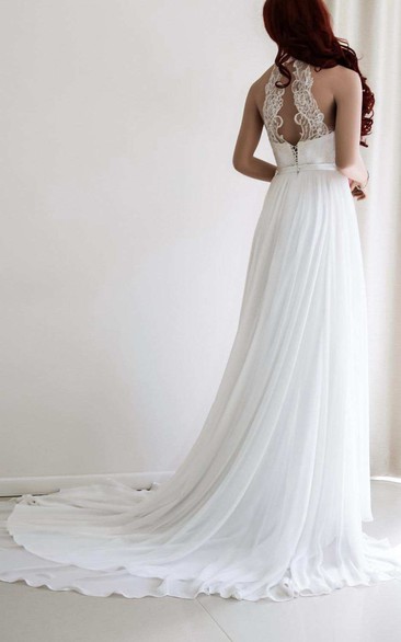 Lace Appliqued Haltered Empire Chiffon Pleated Wedding Dress With Sweep Train