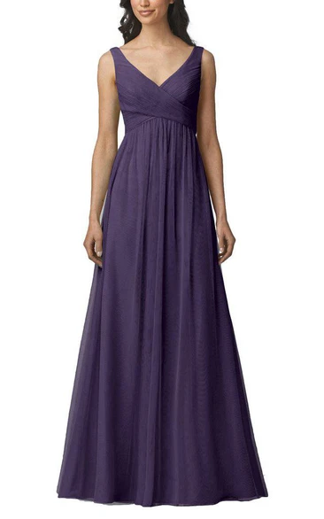 Strapped V-neck Empire Tulle Bridesmaid Dress