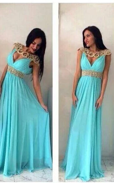 Elegant Jewel Cap Sleeve Chiffon Prom Dress With Beadings