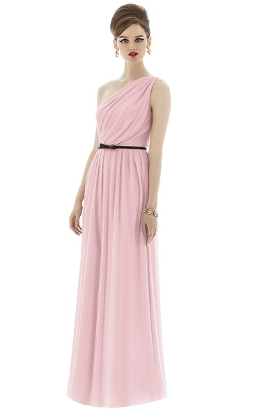 Long One-Shoulder Elegant Chiffon Dress With Bow Sash