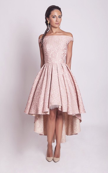 Delicate Off-the-shoulder High Low Lace Dress With Pleats
