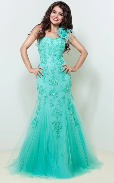 Mermaid Floor-Length One-Shoulder Sleeveless Tulle Beading Appliques Zipper Dress