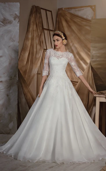 A-Line Floor-Length Bateau Half-Sleeve Low-V-Back Organza Dress With Lace