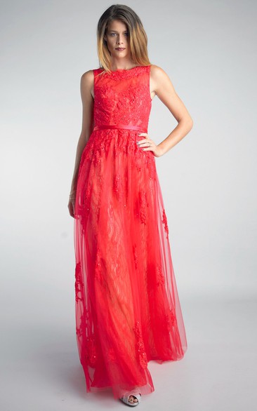 A-line Floor-length High Neck Sleeveless Tulle Low-V Back Dress