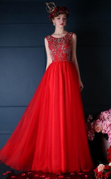 A-Line Scoop Beaded Long Prom Dress