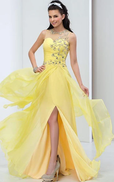Beading Pleats Side-Split Long Prom Dress