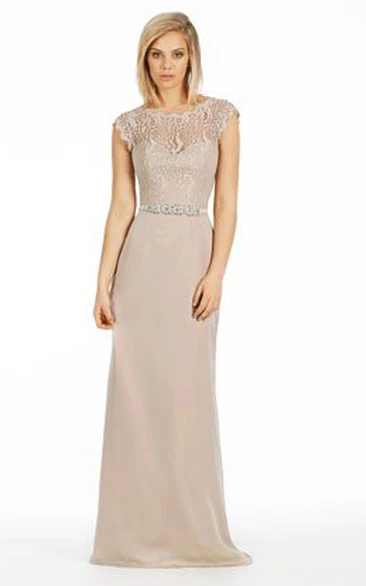 Sheath Bateau Neck Cap Sleeve Lace Chiffon Bridesmaid Dress