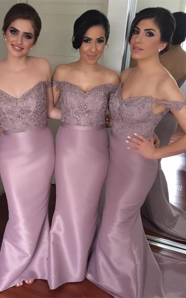 Modern Mermaid Lace Appliques Bridesmaid Dress Off-the-shoulder Sweep Train