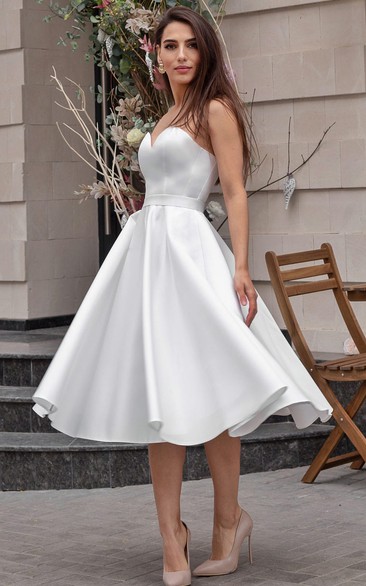 Sexy Sleeveless Tea-length Satin A Line Wedding Dress with Ribbon