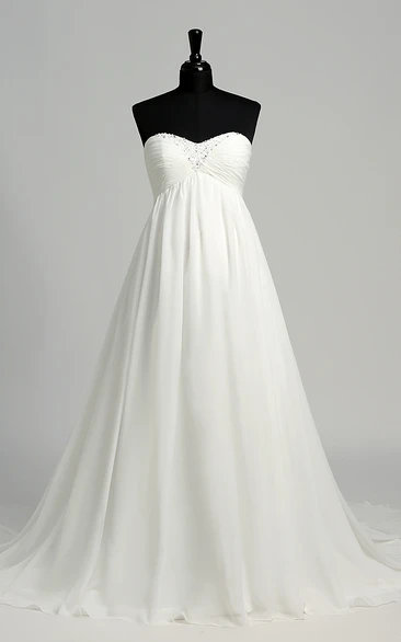 A-line Sweetheart Sleeveless Floor-length Chiffon Maternity Wedding Dress with Court Train