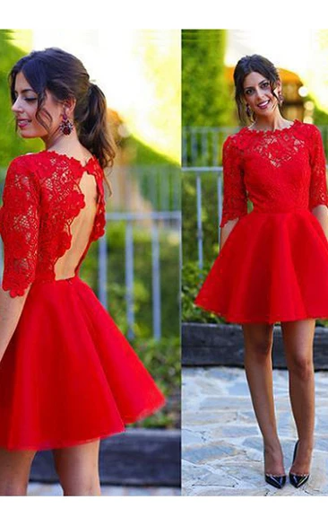 A-line Half Sleeve Satin Lace Jewel Scalloped Keyhole Short Mini Homecoming Dress