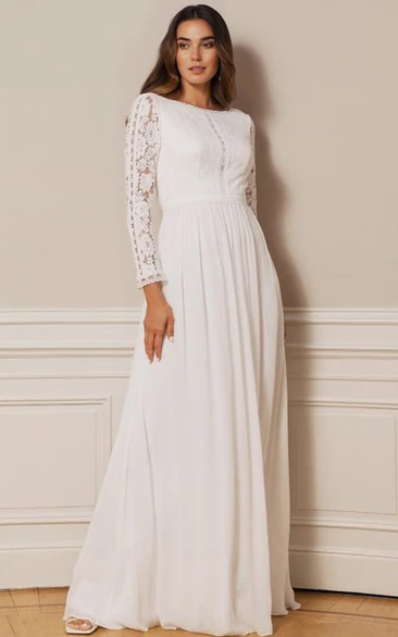 Vintage A Line Bateau Chiffon Lace Floor-length Low-V Back Wedding Dress