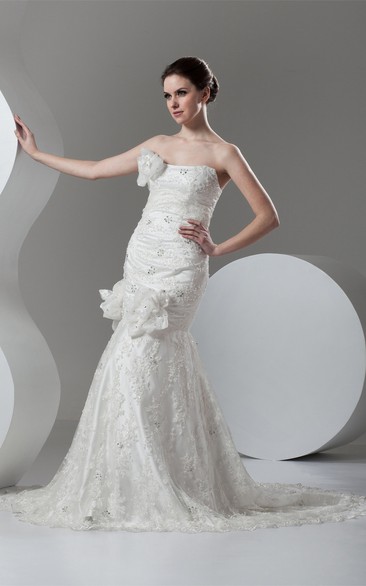 Strapless Maxi Lace Beading and Dress With Flower