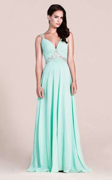 Exquisite Sleeveless Ruched Bodice Chiffon Skirt With Beaded Straps and Waistline