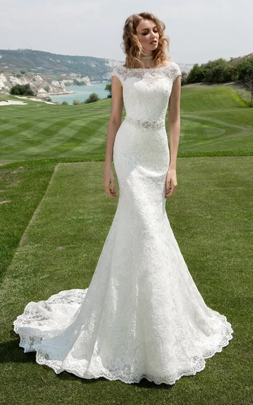 Bateau Neck Cap Sleeve Sheath Wedding Dress With Beaded Waist 