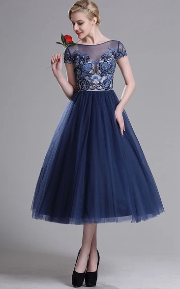 A-Line Tea-Length Bateau Short Sleeve Tulle Beading Appliques Illusion Dress