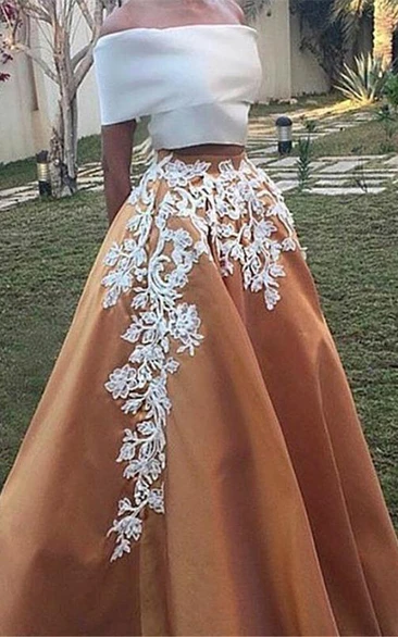 A-Line Off-the-Shoulder Cap Sleeves Appliques Long Prom Dress
