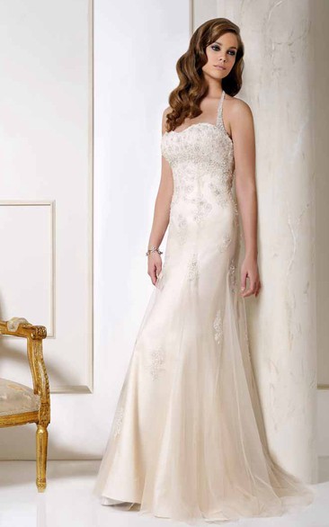 Halter Long Appliqued Tulle Wedding Dress With Court Train And V Back