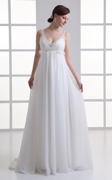 Gossamery Plunged Sleeveless Chiffon Satin a Line Wedding Dresses