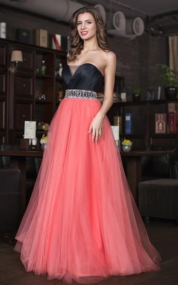 A-line Floor-length Sweetheart Sleeveless Tulle Backless Dress