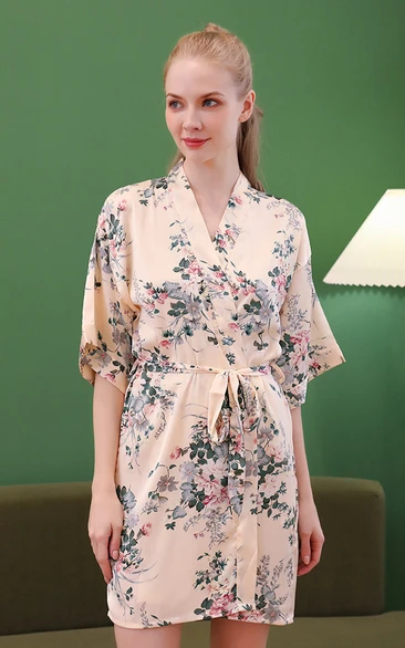 Floral Bride Bridesmaid V-neck Half Sleeved Robe