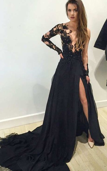 Illusion Lace Long Sleeve A-line Long Chiffon Gown