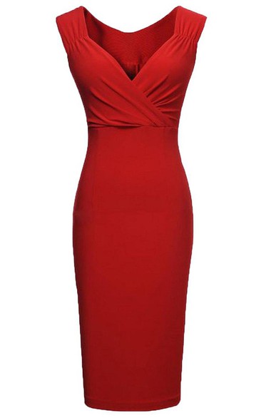 Cap-sleeved V-neck Sheath Dress With Pleats