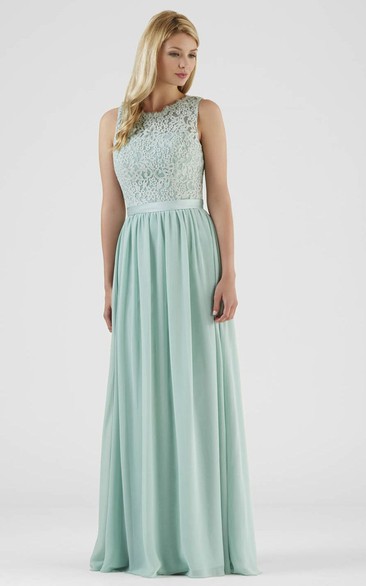 Floor-Length Lace Sleeveless Scoop Neck Chiffon Bridesmaid Dress