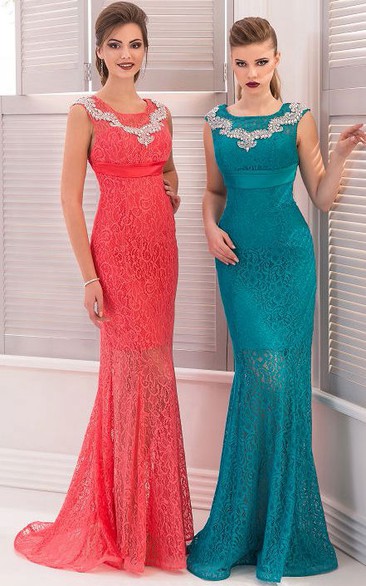 Mermaid Floor-Length Sweep High-Neck Short Sleeve Empire Lace Beading Pleats Zipper Dress