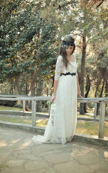 Scoop Half Illusion Sleeve Lace Wedding Dress With Sash And Button Back