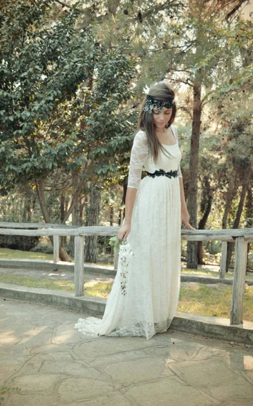 Scoop Half Illusion Sleeve Lace Wedding Dress With Sash And Button Back