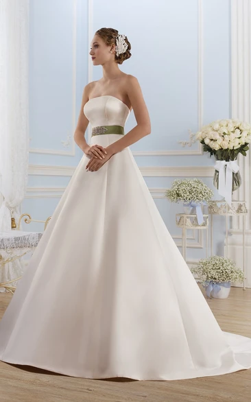 Ball Gown Long Strapless Sleeveless Satin Dress With Waist Jewellery