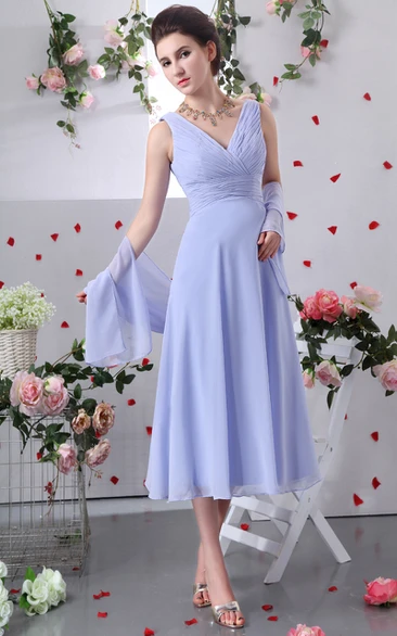 Chiffon V-Neck Tea-Length Dress With Criss-Cross Ruching