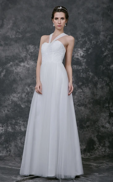 Sleeveless Halter Neck A-line Tulle Gown With Lace-top