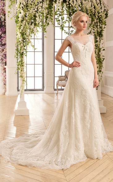 A-Line Long Bateau Cap-Sleeve Backless Lace Dress With Appliques And Pleats