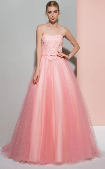 A-Line Strapless Beading Lace Sashes Sweep Train Prom Dress