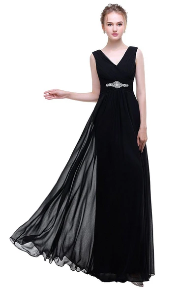 Black Empire V-neck Beaded A-line Chiffon Dress With Low-v Back