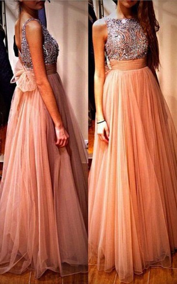 Glamorous Tulle Beadings Crystals Prom Dress Long Bowknot Back
