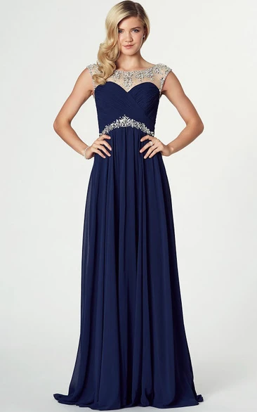 Bateau Neck Beaded Sleeveless Chiffon Prom Dress