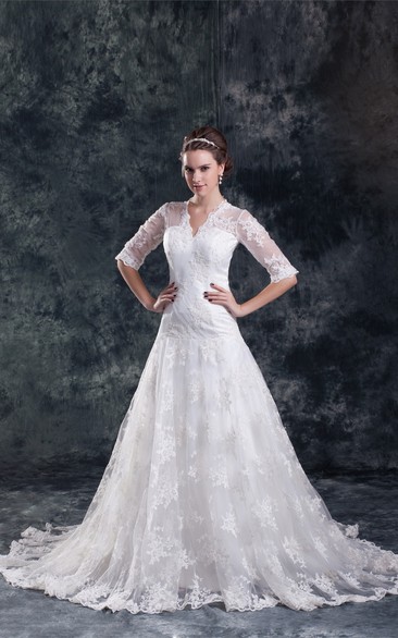 Adorable Satin Appliqued a Line V Neck Half Short Sleeve Wedding Dresses