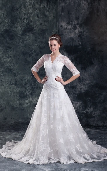 Adorable Satin Appliqued a Line V Neck Half Short Sleeve Wedding Dresses