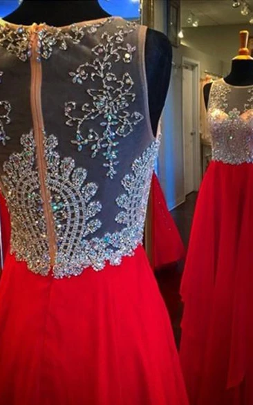 Sparkly Sleeveless Red Crystal Beadings Evening Dress Long Chiffon Floor Length