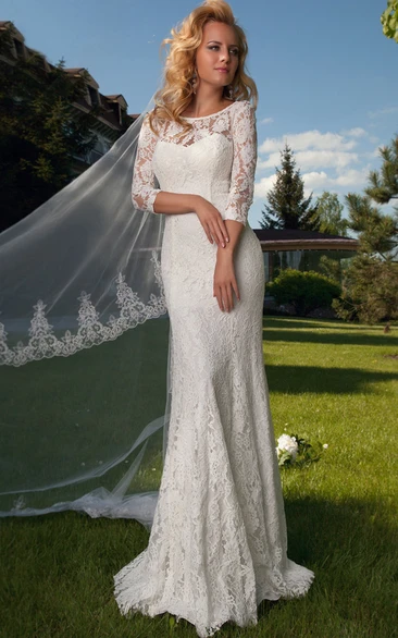 Sheath 3-4 Sleeve Appliqued Scoop Neck Lace Wedding Dress With Keyhole