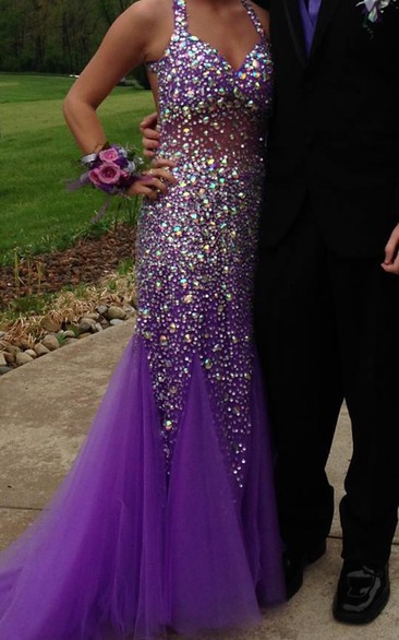 Luxurious Crystals Sequins Mermaid Evening Dress Halter Sweep Train