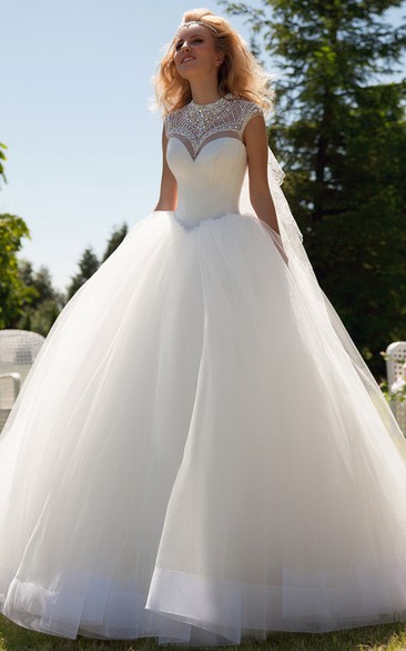 Long High Neck Beaded Cap-Sleeve Tulle Wedding Dress